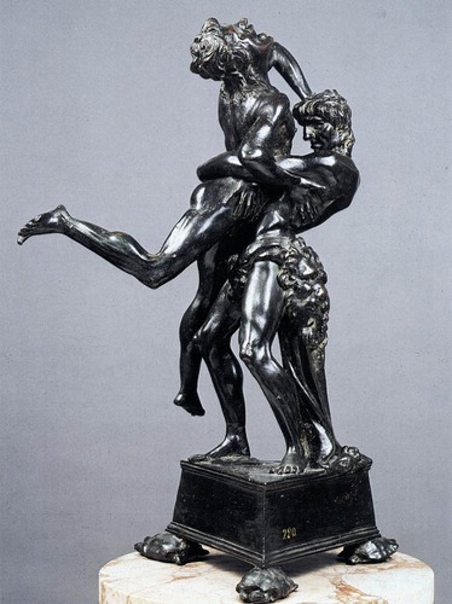 <p>pagan - pertaining to the worship or worshipers of any religion that is neither Christian, Jewish, nor Muslim</p><p>- in this scene, Hercules is lifting Antaeus off the ground, killing him because he’s separated from the earth</p><p>- very dynamic piece made out of bronze</p>