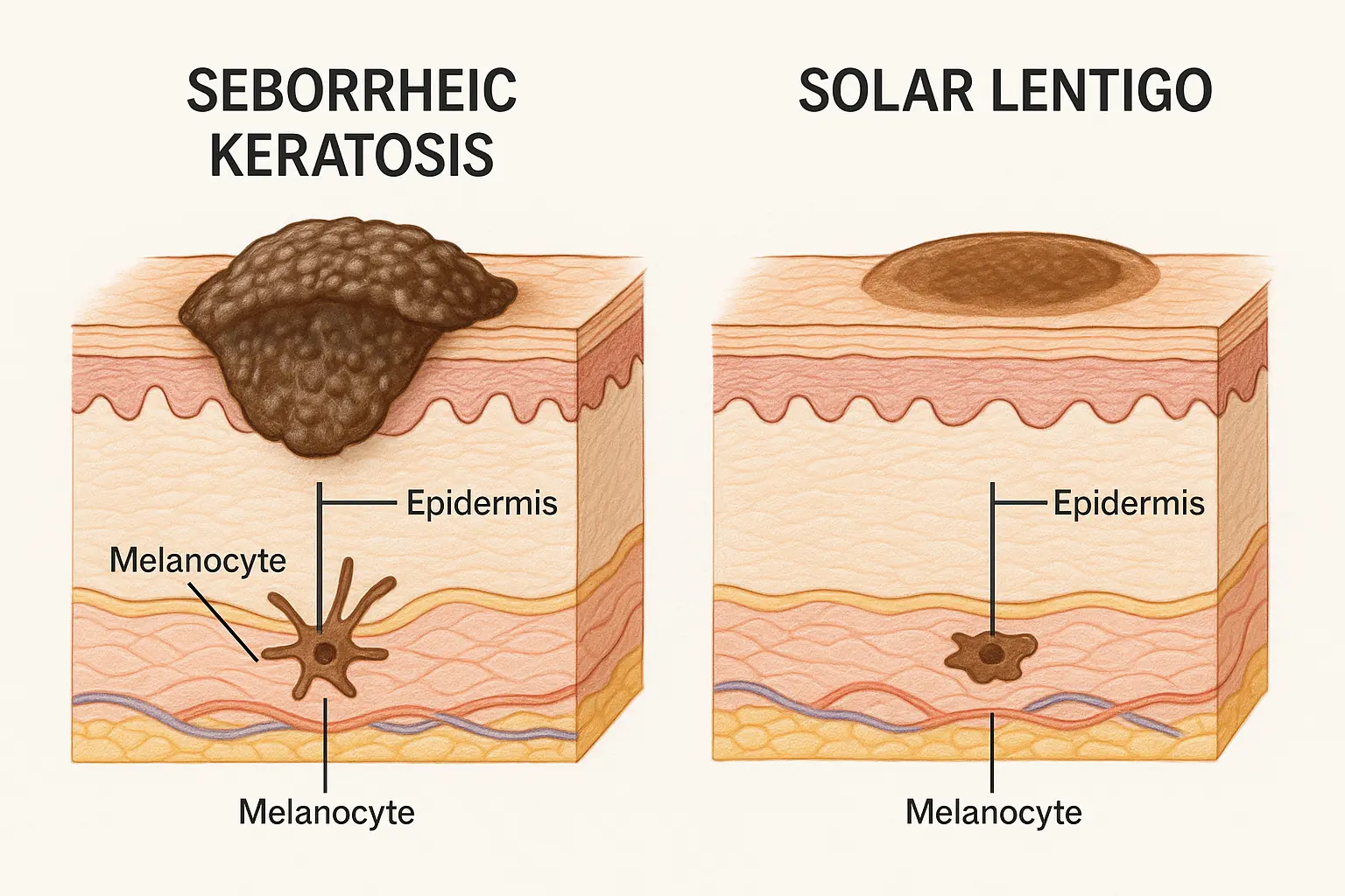 <p>age/liver/sun spots. keratin build up. Both appear normally with older age</p>