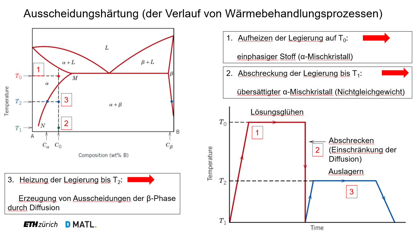 <ul><li><p><strong>Lösungsglühen (oberhalb der Löslichkeitslinie / Solvus):</strong></p><ul><li><p><strong>Was passiert:</strong> Die Legierung wird erwärmt, bis sich alle Legierungselemente im Basismetall auflösen.</p></li><li><p><strong>Phase:</strong> Homogener, einphasiger Mischkristall (α-Phase).</p></li></ul></li><li><p><strong>Abschrecken (schnelles Abkühlen auf Raumtemperatur):</strong></p><ul><li><p><strong>Was passiert:</strong> Die Atome haben keine Zeit zur Diffusion; die Phase wird „eingefroren“.</p></li><li><p><strong>Phase:</strong> Instabiler, übersättigter Mischkristall ($$α_ü$$). Keine Ausscheidungen.</p></li></ul></li><li><p><strong>Auslagern (Erwärmen unterhalb der Löslichkeitslinie oder bei Raumtemperatur):</strong></p><ul><li><p><strong>Was passiert:</strong> Gezielte Diffusion beginnt; feinste Partikel scheiden sich aus und blockieren Versetzungen (Festigkeitssteigerung).</p></li><li><p><strong>Phasen:</strong> Übersättigter Mischkristall ($$α_ü$$) <strong>+</strong> fein verteilte Ausscheidungen (β-Phase).</p></li></ul></li></ul><p></p>