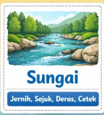 <p>Jernih, sejuk, deras, cetek</p>