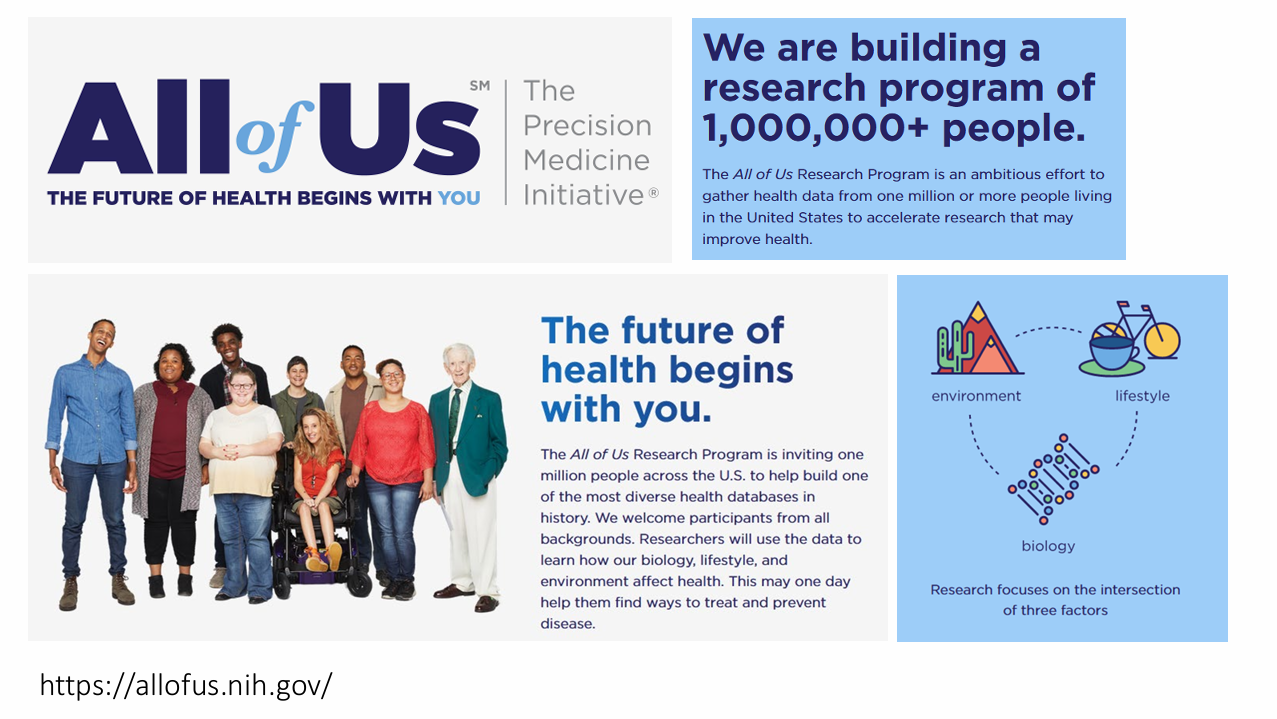 <p>- NIH All of Us Precision Medicine Research Program aims for 1,000,000+ participants.</p><p>- Explicit emphasis on ancestrally and socially diverse recruitment and historically underrepresented groups.</p><p>- Lecturer said ~80% of recruits were from traditionally underrepresented groups; multilingual/bilingual outreach was a strategy.</p><p>- Integrates environment, lifestyle and biology to understand disease prevention and treatment.</p>