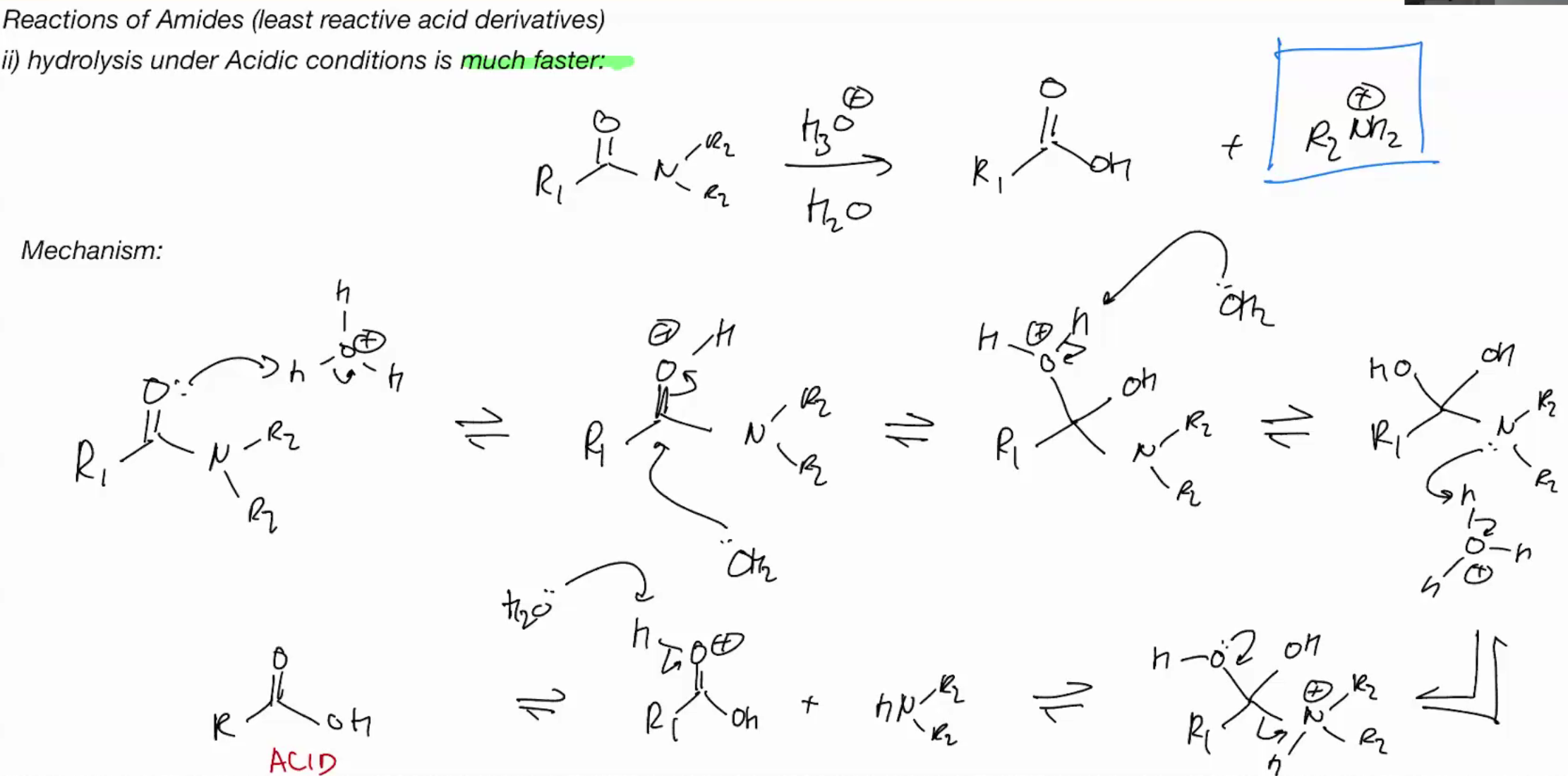<p>Hydrolysis of amines under ACID CONDITIONS (FAST CUZ MAKING IT BETTER ELETROPHILE OR SUMSHI)</p>