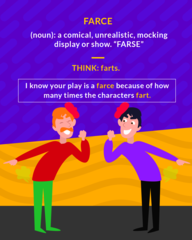 <p>(n.) a play filled with ridiculous or absurd happenings; broad or far-fetched humor; a ridiculous sham</p>