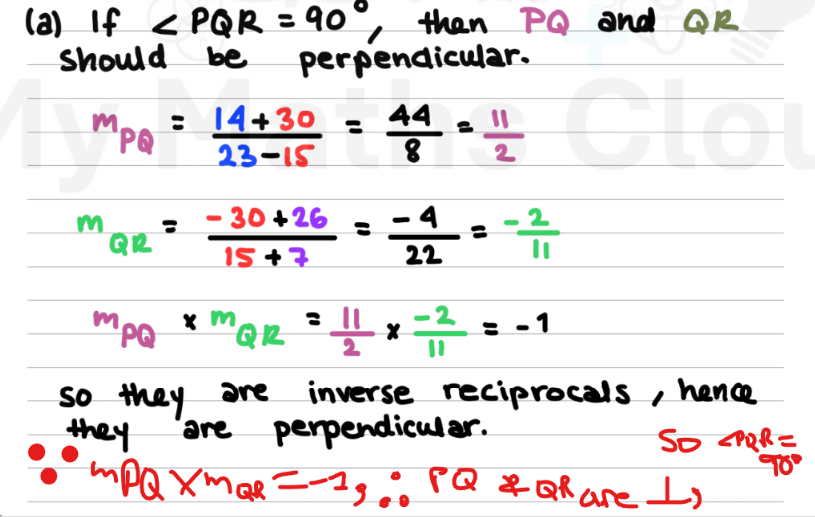 <p>Find gradient of mPQ and mQR<br><br>then multiply them to show they are = -1</p>