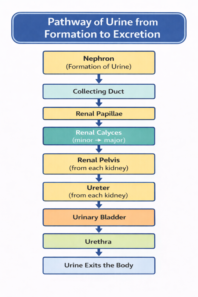 <p>What is the order in which urine flows through as it moves out of the body from the kidney?</p>