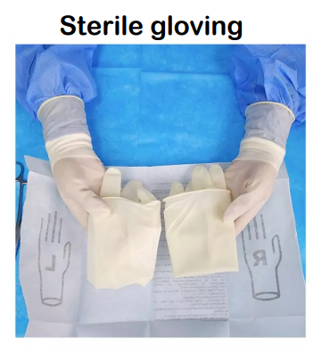 <ul><li><p>Lift table waist high</p><p></p></li><li><p>Open package-only touching the 2-inch margin</p><p></p></li><li><p>Use one hand to grab non-sterile side of one glove</p><p></p></li><li><p>Slide in first hand</p><p></p></li><li><p>Slide sterile hand under sterile side of the glove</p><p></p></li><li><p>Use leverage to slide in opposite hand</p></li></ul><p></p>