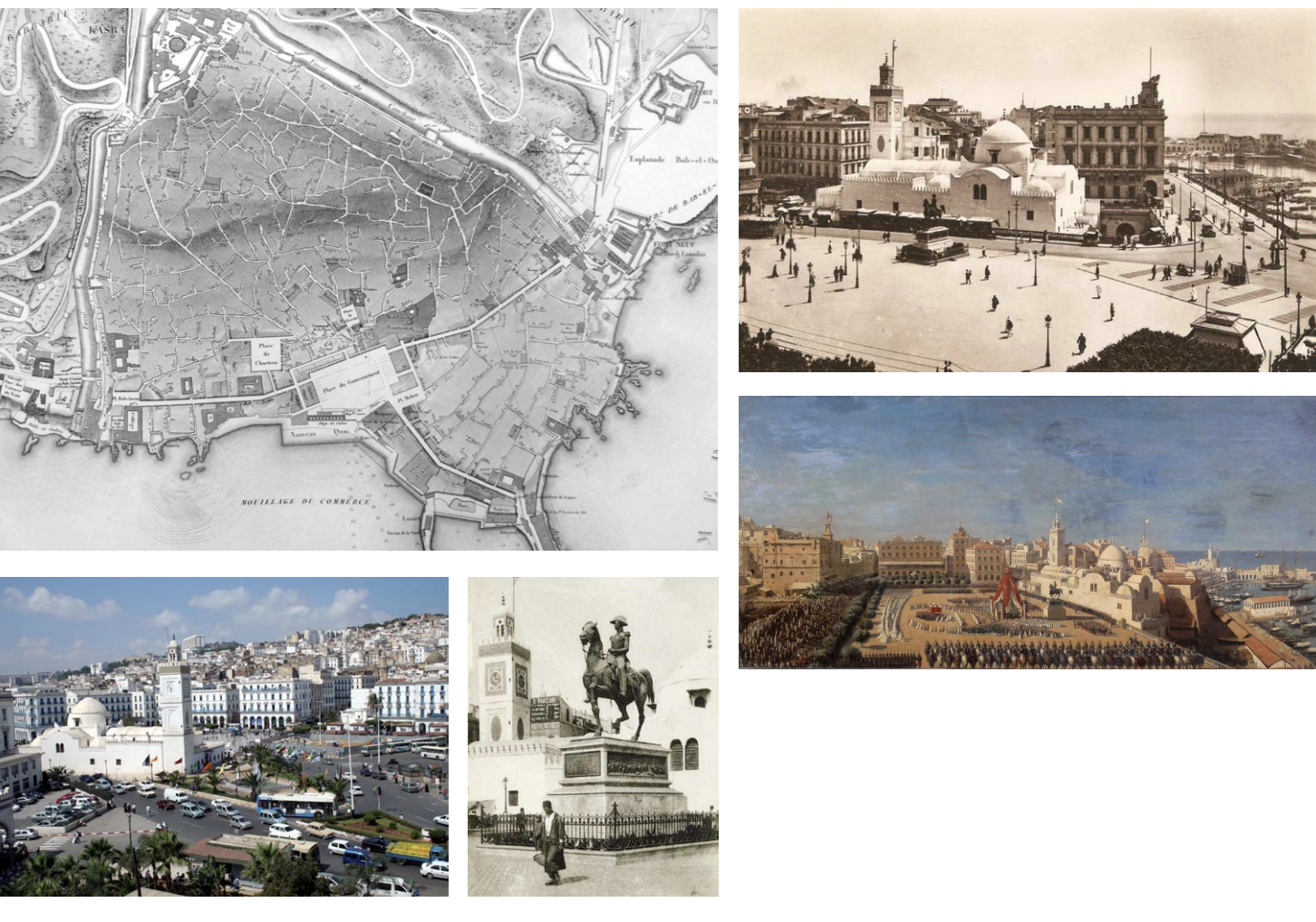 <p>French impose their understanding of urbanism on Algiers. Happened before the Haussmannization of Paris. Justified as a civilizing mission by knocking down the kings palace and creating a center square in European style, convert mosque into Catholic church, opera halls, Al Jadid Mosque was almost taken down but the French still got control and put a clock on the minaret, an insult to the lunar and solar cycle system they go by for prayer calls. Put a square with monuments and functions in a European way with catholic events and celebration of military</p>