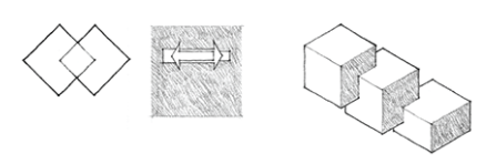 <p>in this type of relationship, the forms interpenetrate each other’s shapes; the forms need not share any visual traits</p>