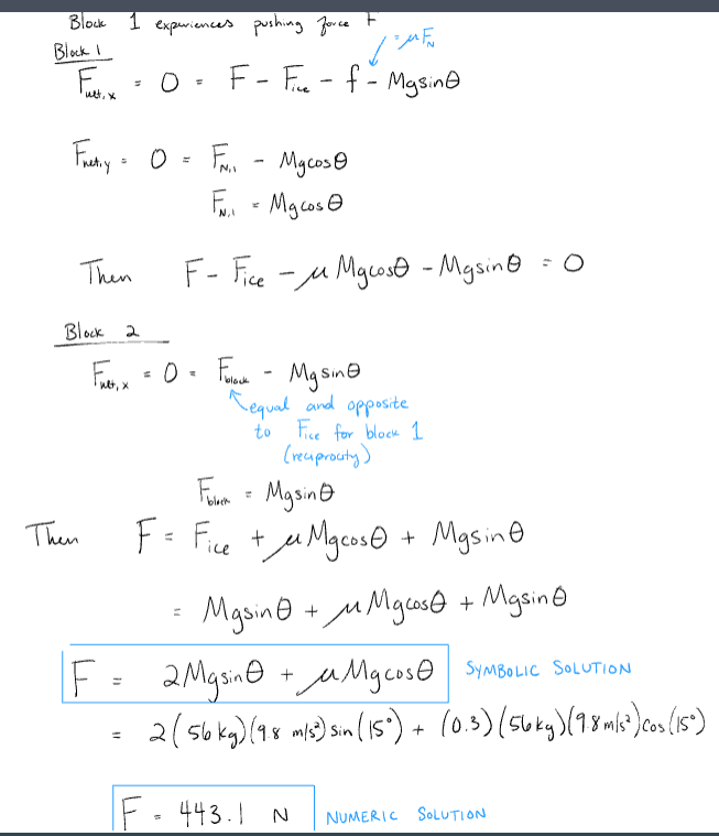 <p>break Fnet into x and y components and only focus on the x component. set Fnet_x to zero since velocity is constant. also set the system as both the block and ice.</p>