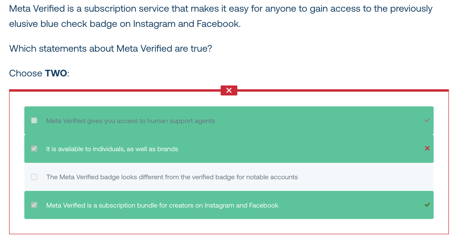 <ul><li><p>Access to human support agents</p></li><li><p>is a subscription bundle for creators on IG and FB</p></li></ul><p></p>