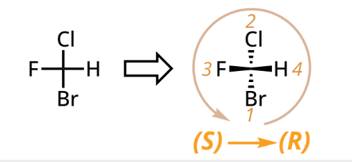 <ol><li><p>assign priorities to each group based on atomic number</p></li><li><p>if lowest priority on vertical, assign R/S normally</p></li><li><p>if lowest priority on horizontal, assign → reverse</p></li></ol><p></p>