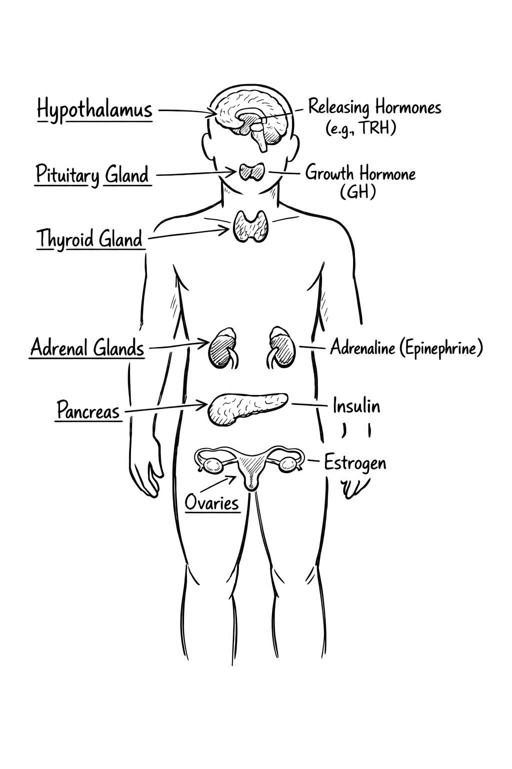 <p>Pituitary Glands → “master gland”; controls others</p><p>Thyroid Gland → regulates metabolism</p><p>Adrenal Glands → stress response (fight-or flight)</p><p>Pancreas → regulates blood sugar</p>