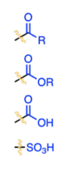 <p><strong>Ketone / acyl group</strong></p><p><strong>Ester</strong></p><p><strong>Carboxylic acid</strong></p><p><strong>Sulfonic acid</strong></p><p>META directors </p>
