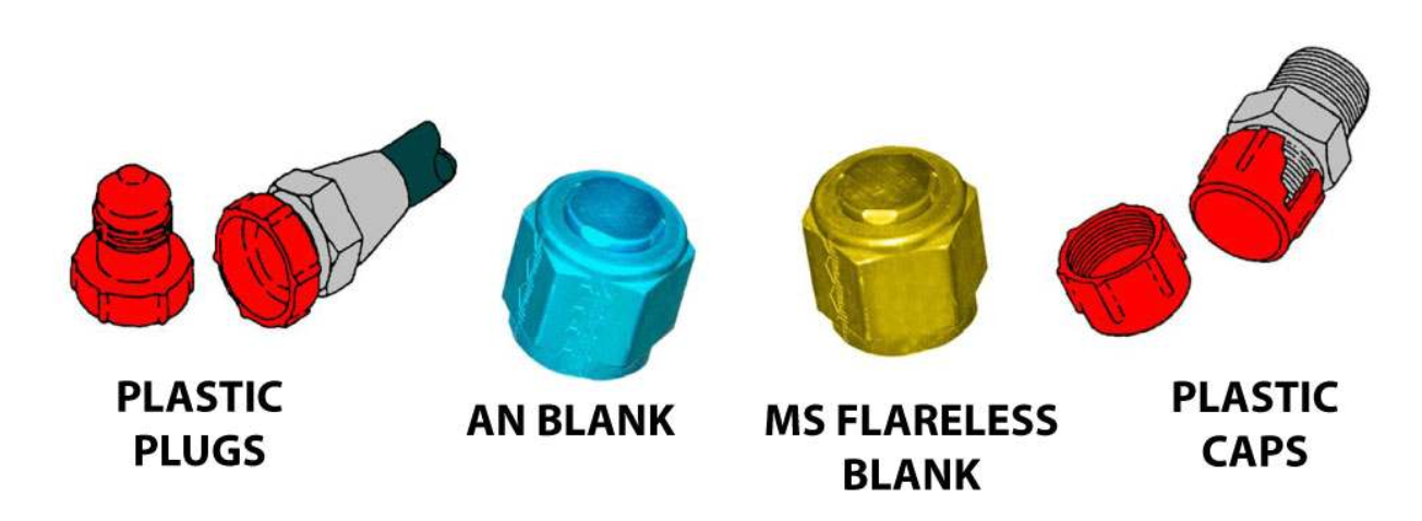 <p>Closed fittings (plastic, metal, wood or plastic bag) fitted to open fluid line ends when disconnected. Prevents contamination entering the system and fluid leakage if the system is accidentally energised.</p>