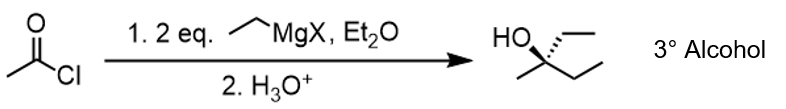<p>Makes 3° alcohol @ carbonyl, Cl replaced with R</p>