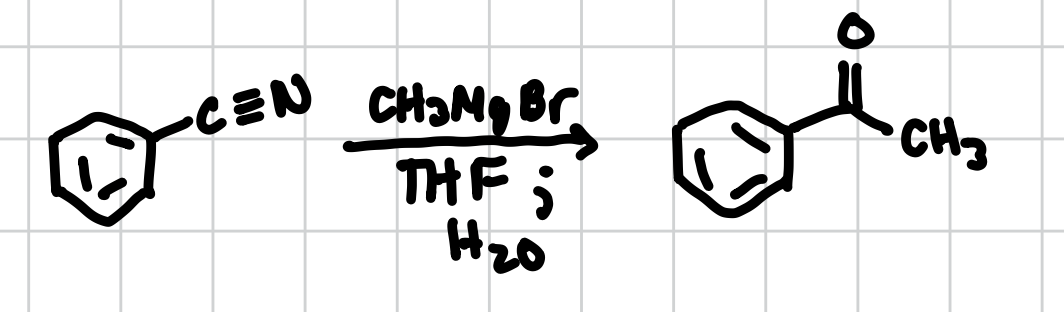<p>Adds a Carbonyl attached to a methyl group where a nitrile is. </p><p>Reagents: CH3MgBr, THF; H2O </p>