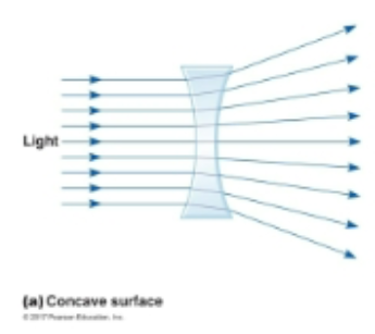 <p>surface curves in ( caves in ); light spreads out </p><ul><li><p>When light passes through this surface, the edges of the refracted light move away from each other ( aka divergence of light ) </p></li></ul><p></p>