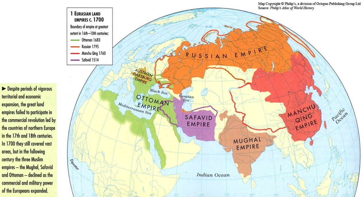 <ul><li><p>India subcontinent (Delhi)</p></li><li><p>Peak: one of the wealthiest empires (Akbar the Great)</p><ul><li><p>religious tolerance + strong administration</p></li></ul></li><li><p>Decline:</p><ul><li><p>Aurangzeb overreach: undo Akbar good things</p></li><li><p>religious conflict</p></li><li><p>Invasions</p></li><li><p>British East India Company</p></li></ul></li></ul><p></p>