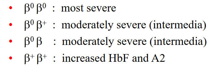 <p>- decreased beta-chain production: beta+ thalassemia</p><p>- Absent Beta-chain production: B0 (beta nought) thalassaemia</p><p>- One gene abnormality: Beta thalassaemia minor (generally beta Beta +)</p><p>TWO GENE ABNORMALITIES: beta thalassaemia major</p><p>- B0 B0: most severe</p><p>- B0 B+: moderately severe (intermedia)</p><p>- B0 B: moderately severe (intermedia)</p><p>- B+ B+ : increased HbF and A2</p>