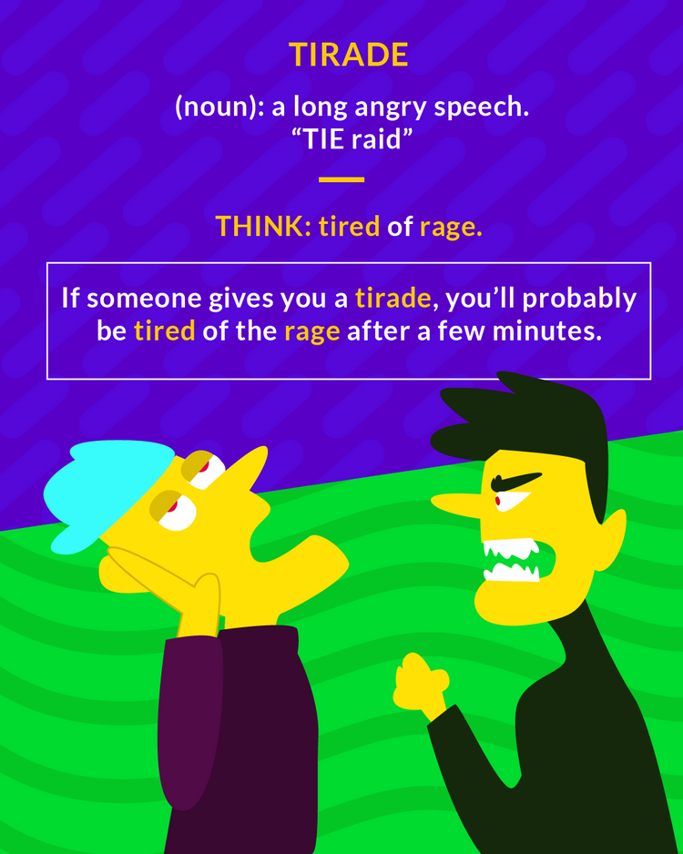 <p>(noun) a long, angry speech</p>