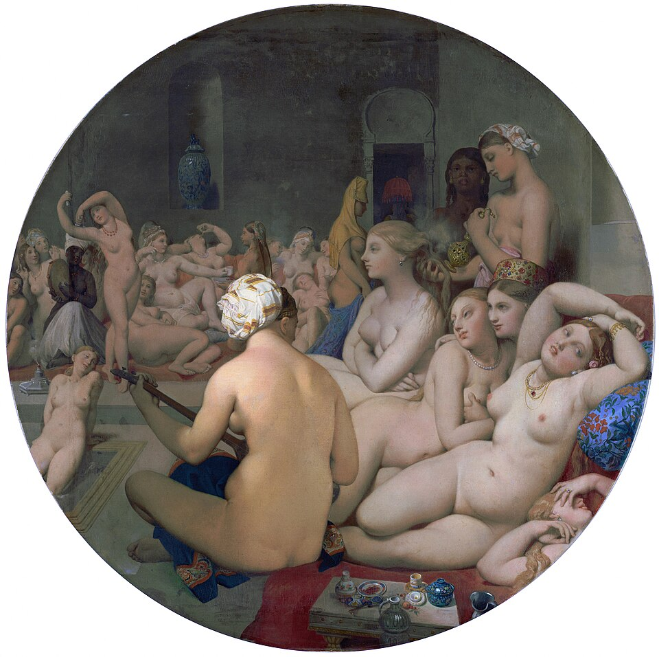 <p><strong>Identification:</strong></p><ul><li><p>Artist: Ingres</p></li><li><p>Title: <em>The Turkish Bath</em></p></li><li><p>Date: 1862</p></li><li><p>Movement: Neoclassicism / Orientalism</p></li></ul><p><strong>Historical Context:</strong></p><ul><li><p>The painting was created during a period of strong European fascination with Eastern cultures and customs.</p></li><li><p>Artists often relied on secondhand accounts, travel writings, and imagination rather than direct observation.</p></li><li><p>The work reflects broader colonial attitudes that portrayed non-European societies as sensual, primitive, and timeless.</p></li></ul><p><strong>Style:</strong></p><ul><li><p>The composition is circular, creating the effect of looking through a peephole into a private, forbidden space.</p></li><li><p>The figures are arranged in interlacing, curved forms that emphasize fluidity and unity.</p></li><li><p>Bodies are highly idealized and often anatomically distorted to create graceful, decorative shapes.</p></li><li><p>The soft lighting and smooth surfaces create a dreamy, sensual atmosphere.</p></li></ul><p><strong>Themes:</strong></p><ul><li><p>The painting strongly reflects the <strong>male gaze</strong>, positioning the viewer as a voyeur observing nude women in a private setting.</p></li><li><p>The scene is highly eroticized, with overlapping bodies and intimate poses emphasizing sensuality.</p></li><li><p>The circular composition reinforces the idea of secret observation, increasing the sense of forbidden access.</p></li><li><p>The work presents an imagined version of Eastern life, shaped by fantasy rather than reality.</p></li><li><p>Women are depicted as passive and available, reinforcing Western stereotypes about Eastern cultures.</p></li><li><p>The painting reflects a broader tendency to exoticize and sexualize the “other,” revealing more about European desires than actual cultural practices.</p></li></ul><p></p>
