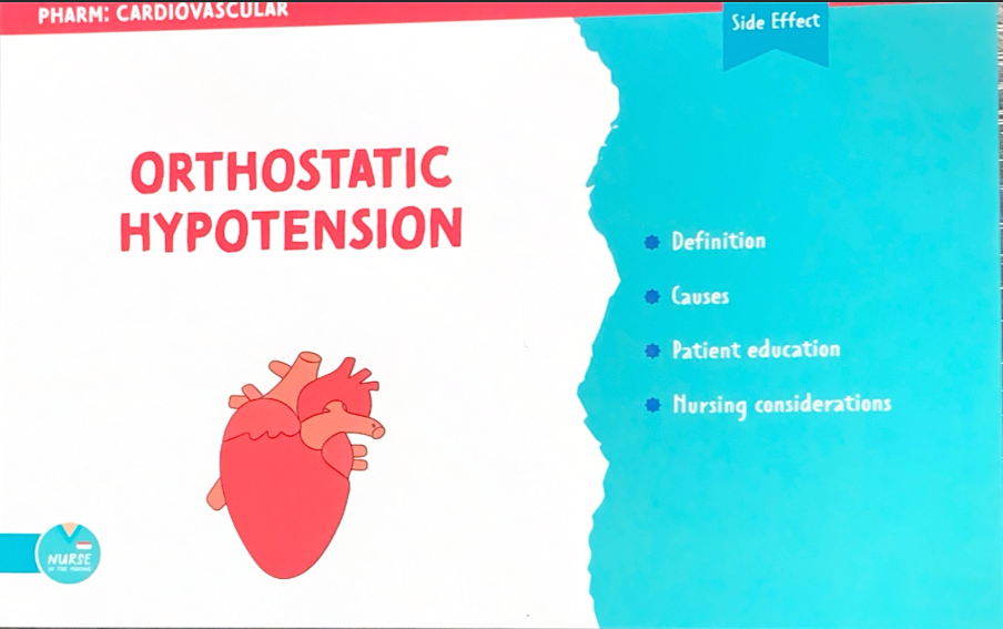 <p><strong>What is orthostatic hypotension and when do you assess for it? </strong>When is a patient positive for orthostatic hypotension?</p>