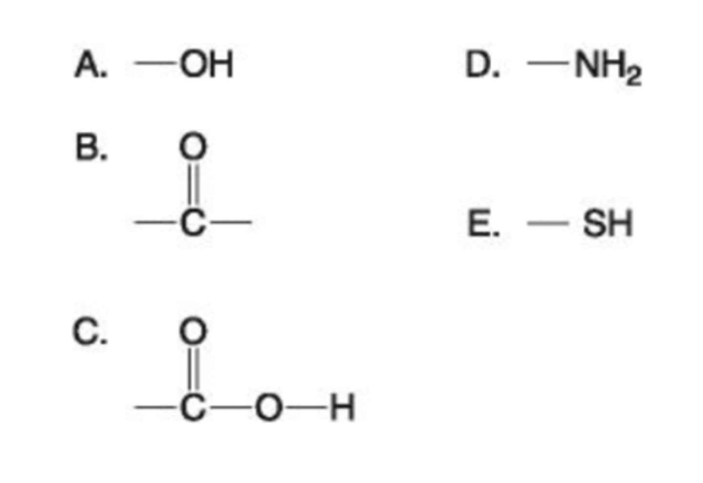 <p>6. Which functional group shown at right is:</p><p>v) helps stabilize proteins by forming covalent cross-links within or between protein molecules?</p>