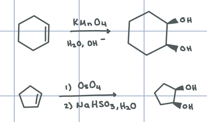 <p>Syn-Dihydroxylation - adds 2 OH groups in syn</p>
