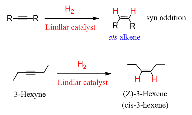 <p>H2 + Pd/CaCo3 or Pb(OAc) (syn - addition)</p>