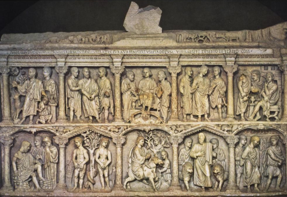 <p>Sarcophagus of Junius Bassus, marble, 359</p>