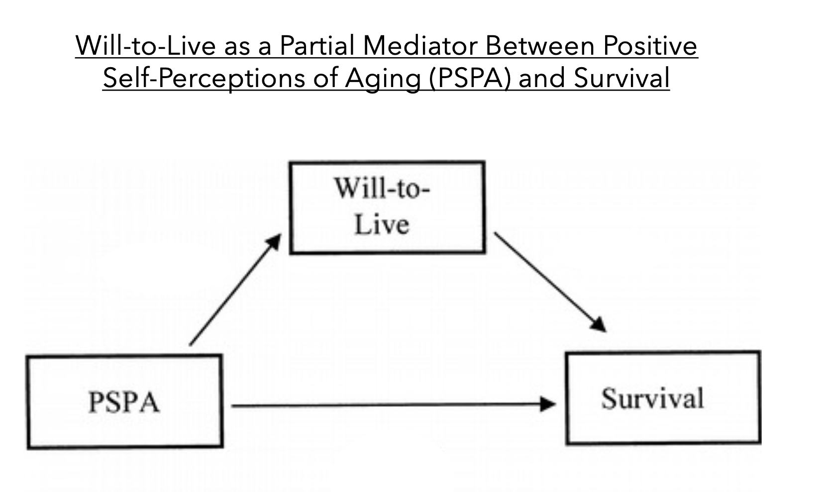 <p>The <strong>OHIO LONGITUDINAL STUDY OF AGING + RETIREMENT</strong> was a longitudinal study beginning in <u>1975, looking at those aged 50 or older at baseline + followed them for 2 decades </u></p><p><strong>MEASURES</strong>: self-perceptions of aging (SPA), perceived health, functional health, will-to-live, survival </p><p><strong>There were 2 MAIN FINDINGS + their mediators</strong></p><ol><li><p><strong>Participants with more negative self-perceptions of aging at baseline had more functional health problems over time </strong>than participants with positive self-perceptions of aging (WIDENING GAP BETWEEN THE GROUPS OVERTIME)</p></li><li><p><u>PERCEIVED CONTROL </u>(the belief that one has a choice among responses that are differentially effective in achieving a desired outcome) <u>partially mediated relationship </u>between self-perceptions of aging (SPA) + functional health over time</p></li><li><p><strong>Median survival among participants with more negative self-perceptions of aging was 7.6 years earlier than median survival rates of those with positive</strong> self-perceptions of aging (by 15 years after the study, 0.5 of POOR SPA group had passed vs. 22.6 years for group with POSITIVE SPA) </p></li><li><p><u>WILL-TO-LIVE</u> (perceived benefits of one’s life outweigh perceived hardships) <u>partially mediated this relationship</u> between self-perceptions of aging (SPA) + survival </p></li></ol><p></p>