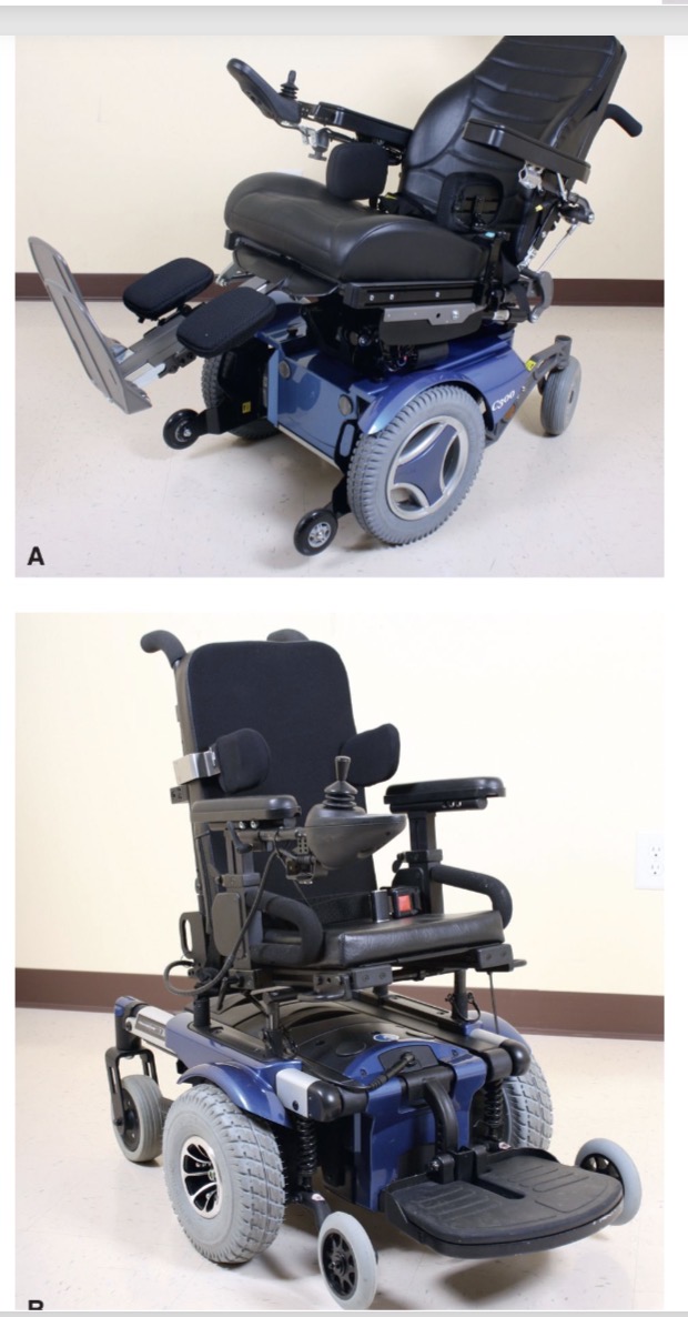 <p>What is a significant functional benefit of a power wheelchair in a home environment like a bathroom?</p>