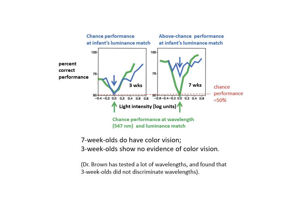 <p>For 7-week-olds, they do show that they have color vision. For 3-week-old infants, they do not show evidence of color vision.</p>