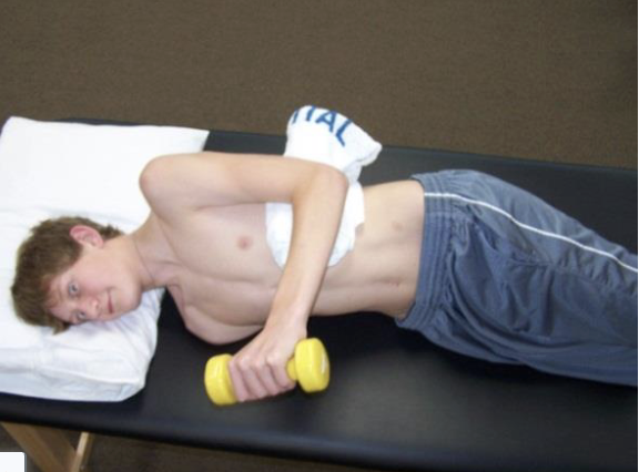 <p>The subject is side lying with the shoulder in neutral position and the elbow flexed 90°. From this position the subject performs maximum external rotation of the shoulder, with a towel between the elbow and trunk to avoid compensatory movements.</p><p>Note: MT and LT active prior to UT</p>