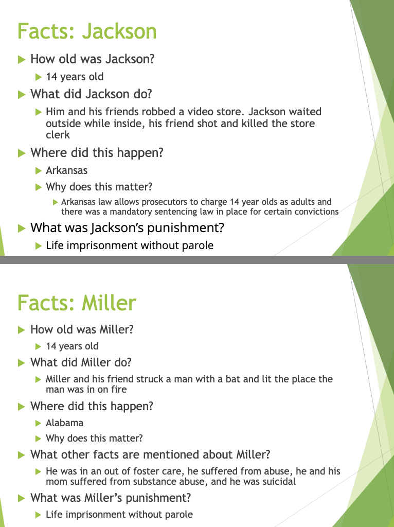 <p><strong>14-year-old Miller</strong> and a friend <strong>struck a man with a bat</strong> and <strong>lit the place the man was in on fire</strong> in <strong>Alabama</strong>. Miller had severe background issues (foster care, abuse, substance issues, suicidality) and was sentenced to <strong>life without parole</strong>.</p><ul><li><p>This case highlights the complexities of sentencing juveniles, particularly in light of their developmental capacities and backgrounds, raising questions about the constitutionality of such sentences. </p></li></ul><p></p>