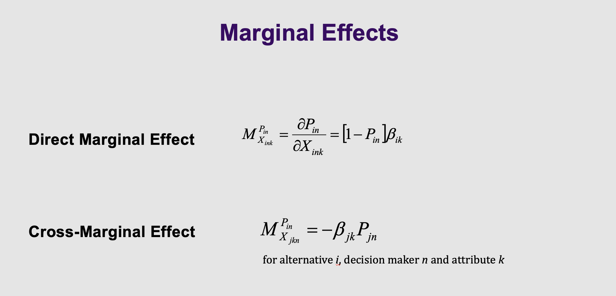 <ul><li><p><strong>What it means:</strong> Economists prefer percentages over absolute numbers, so they use Elasticities instead .</p><p></p></li><li><p><strong>Real-world translation:</strong> * <strong>Direct Elasticity:</strong> If the bus gets 10% more expensive, the probability of taking the bus drops by X%.</p><ul><li><p><strong>Cross Elasticity:</strong> If the bus gets 10% more expensive, the probability of taking the train increases by Y%.</p></li></ul></li></ul><p></p>