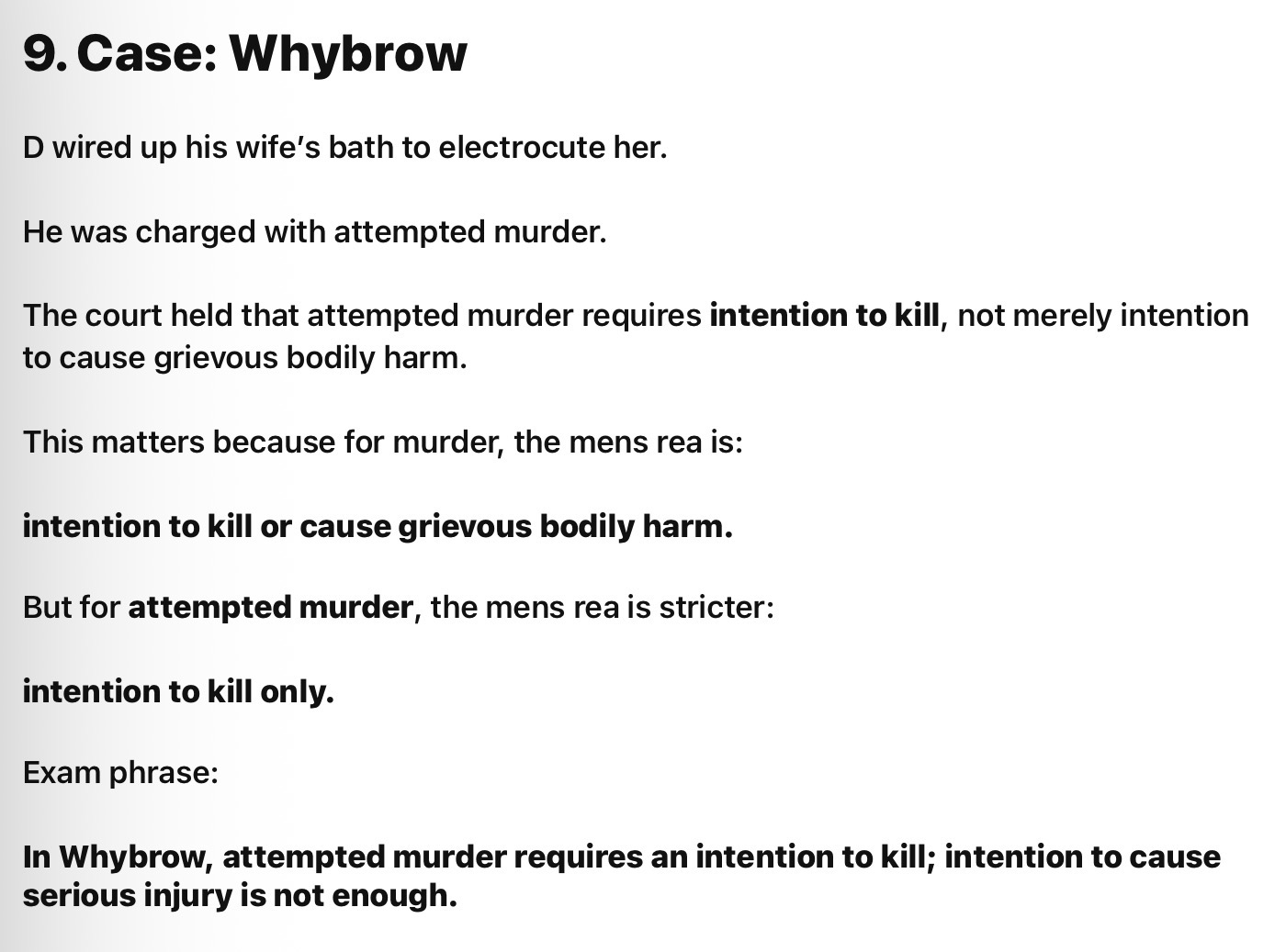 <p>R v whybrow - attempted murder </p><p></p><p>R v Millard + Vernon - reckless so no attempt </p>