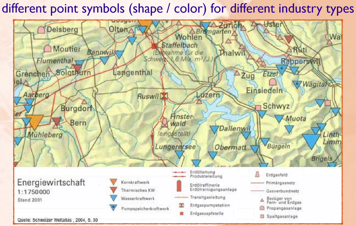 <p>Qualitative means feature qualites or categories</p><p>ā Vary visual variables:</p><ul><li><p>colour hue</p></li><li><p>shape (geometric, mimetic)</p></li><li><p>orientation</p></li><li><p>texture</p></li></ul><p>e.g. energy sources</p>