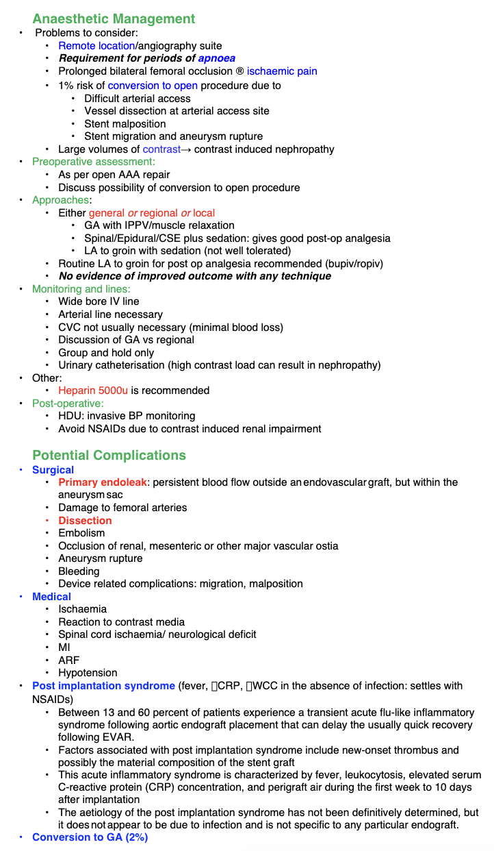 <p>EVAR</p><p></p><p>Anaes Mx</p><p></p><p>Pre</p><p>Intra</p><p>Post</p><p></p><p>Potential complications</p>