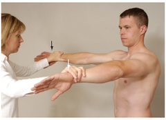 <p>Purpose: Assess supraspinatus involvement with shoulder injury.</p><p>Method: Pt. raises arms in scaption to shoulder height with thumps up. Pt rotates thumbs down ( "empty can" ). PT applies resistance.</p><p>Positive Test: Pain or weakness</p>