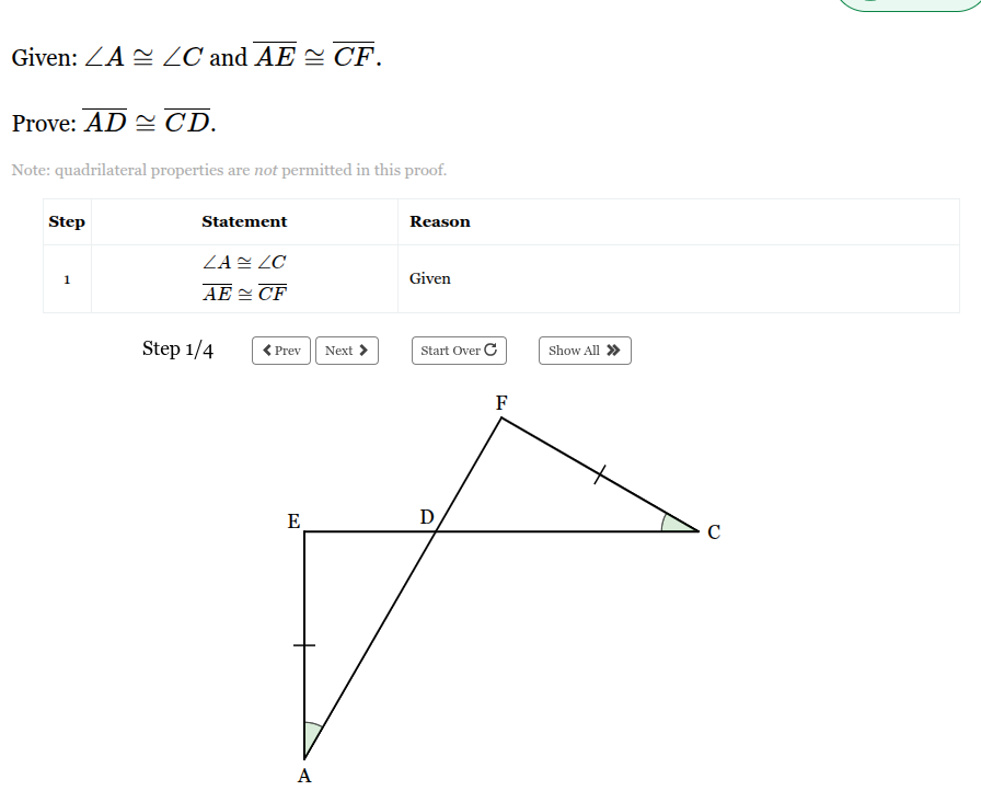 <p></p><p><span>Given: ∠A≅∠C and AE≅CF.</span><br><br><span>Prove: AD≅CD.</span></p><p>Fill out the rest of the statement/reason table to prove the triangles are similar</p>