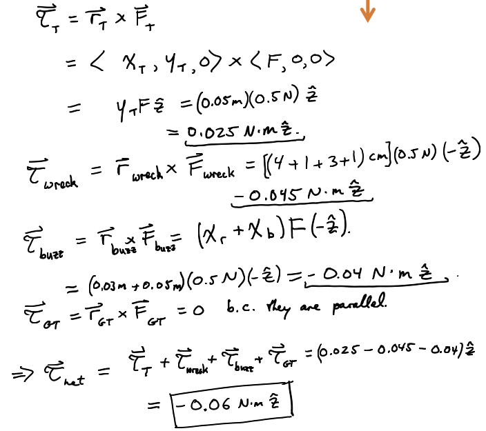 <p>definition of torque to find all torques, then add them all up to find net torque.</p>