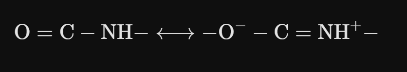 <p>Resonance between C-O and C-N, each having partial double bond character. </p>