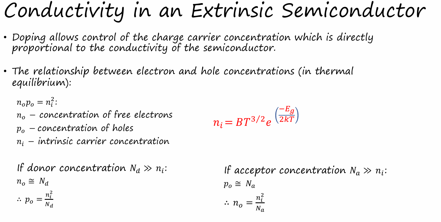 <ul><li><p>no po = ni²</p><ul><li><p>no = conc of free electrons</p></li><li><p>po = conc of holes</p></li><li><p>ni = conc of intrinsic carrier</p></li></ul></li><li><p>if donor conc, Nd > ni</p><ul><li><p>no = Nd</p></li><li><p>po = ni² / Nd</p></li></ul></li><li><p>if acceptor conc, Na > ni</p><ul><li><p>po = Na</p></li><li><p>no = ni² / Na</p></li></ul></li></ul><p></p><p></p>