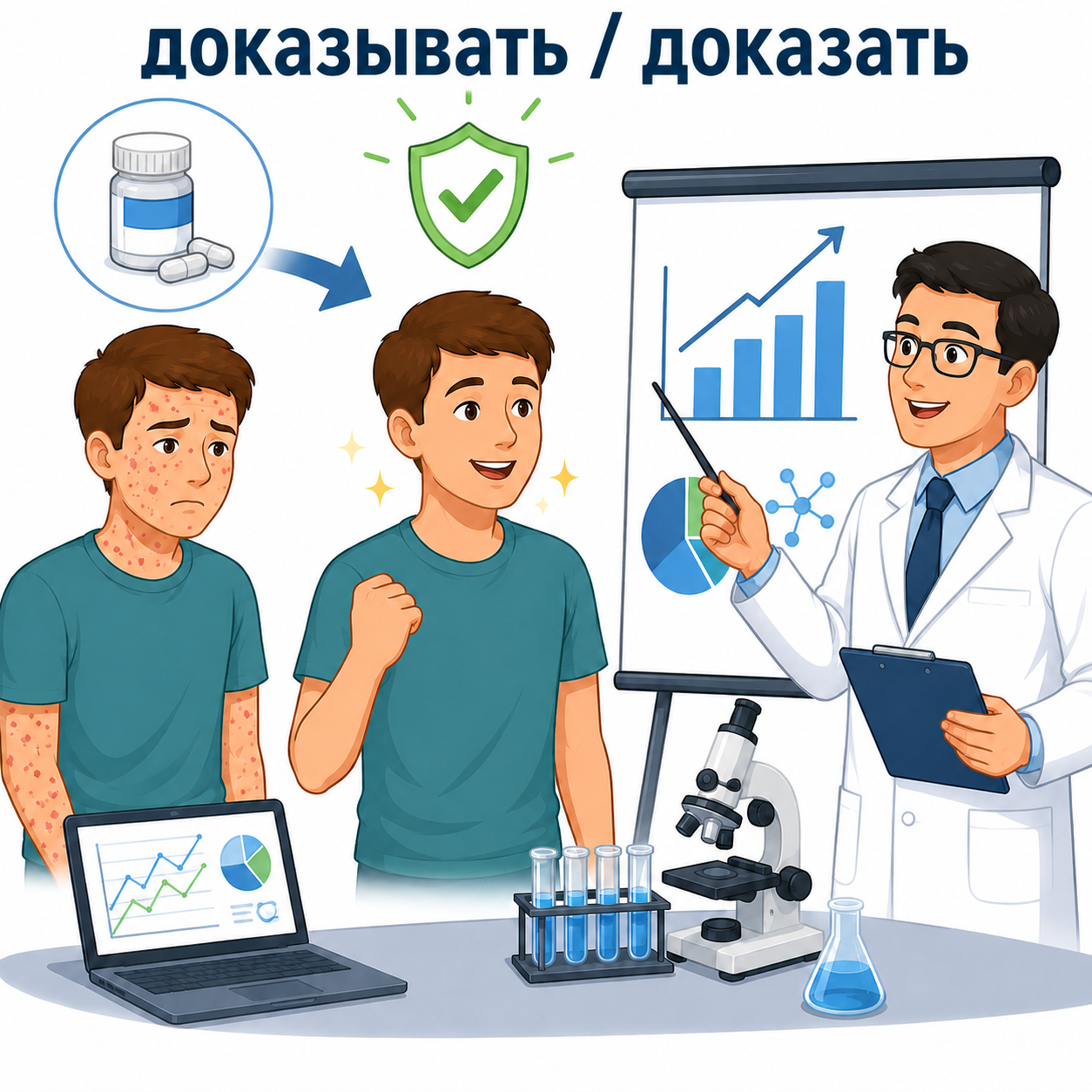 <p>demostrar / probar. Пример: Исследование доказало эффективность лечения.</p>