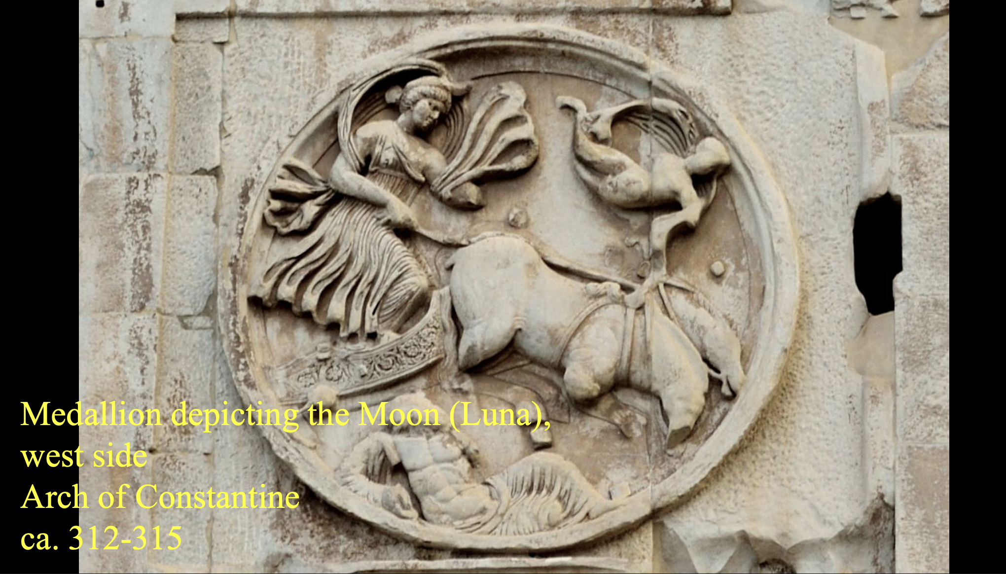 <p>These are personifications of the sun and moon, showing that their <strong>empire has power at all times: from the dawn until the end of the empire</strong></p><ul><li><p>Constantine associating himself with the <strong>celestial sphere</strong></p></li></ul><p></p>