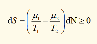 <p>equilibrium is found for T1 = T2 when μ1 = μ2. </p><p>for dN > 0, particles flow from system 1 to 2 when μ1 > μ2</p>