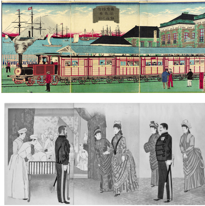 <p>Which statement best describes Japan's industrialization around the time of the illustration shown above?</p><p>a. Japan industrialized in the context of a Meiji government-imposed isolation from the West and refused to learn from foreign experts.</p><p>b. Japan's Meiji rulers feared the military power of industrializing nations, so they consulted with foreign experts to replicate Western progress.</p><p>c. Japan, unlike Britain and the United States, rarely saw abuse and exploitation of its early industrial workers.</p><p>d. Japan, like the United States, was the destination for millions of foreign immigrants seeking factory work.</p>