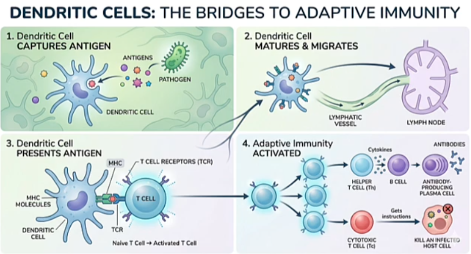 <p>Phagocytose pathogens at site of infection (killing them) and then travel to lymph nodes to activate adaptive immune cells</p><p>Su</p>