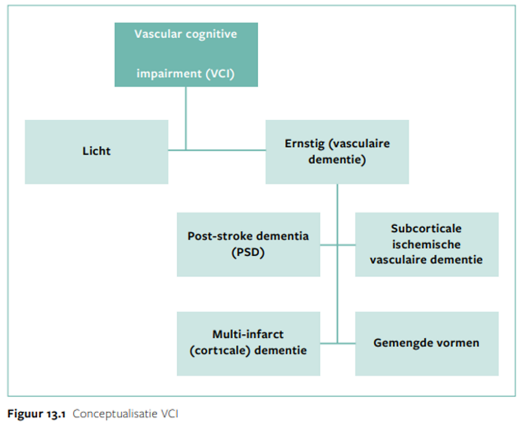 <p><strong>Aandoening van grote bloedvaten (large vessel disease) → multi-infarct dementie (MID)</strong></p><ul><li><p>acuut na CVA</p></li><li><p>meerdere infarcten, daarna trapsgewijze achteruitgang (enkel als er CVA optreedt, verergert het) ←→ Alzheimer: geleidelijk</p></li><li><p>afhv locatie letsel bepaalde cognitieve functies bewaard &amp; andere niet</p></li></ul><p><strong>Aandoening van kleine bloedvaten (small vessel disease)</strong></p><ul><li><p>bij ver gevorderde leeftijd → ischemische/vasculaire wittestofafwijkingen (microbloeding)</p></li><li><p>traagheid, minder flexibiliteit, initiatiefverlies, depressie, loopstoornissen, valneigingen, urine-incontinentie </p></li></ul><p></p>